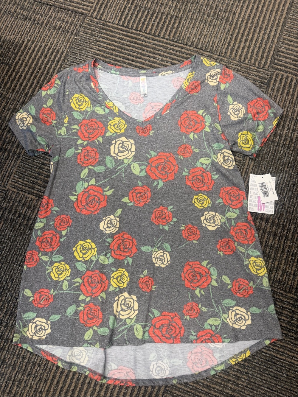 NWT LuLaRoe Christy T Gray Floral V-Neck Tee Red Yellow Roses Sz M